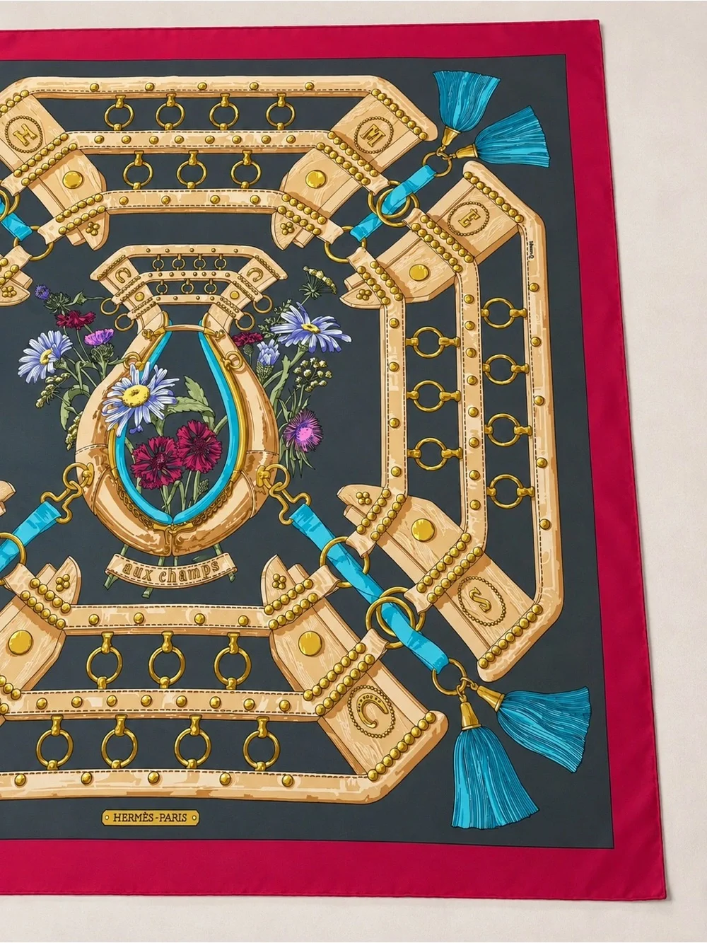 Hermès “Aux Champs” Silk Scarf – Equestrian Floral Design